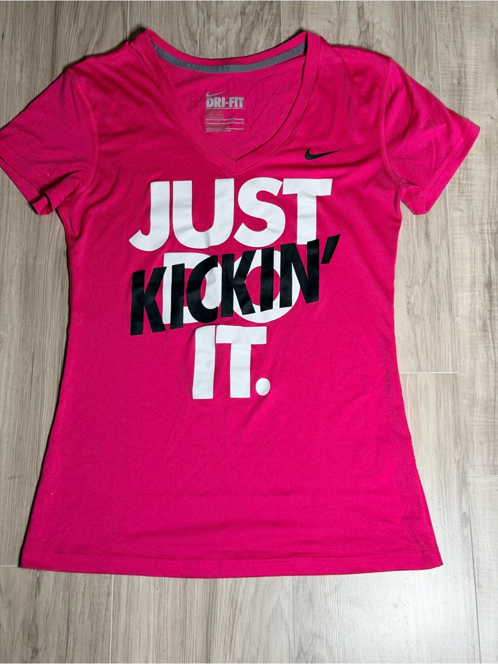 Nike Women's Hot Pink Dri-FIT V-Neck Tee with 'Just Kickin' It' Graphic
